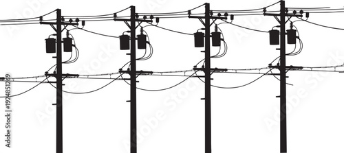 Electric utility pole silhouette with power lines transformers and cables, industrial energy distribution infrastructure isolated on white