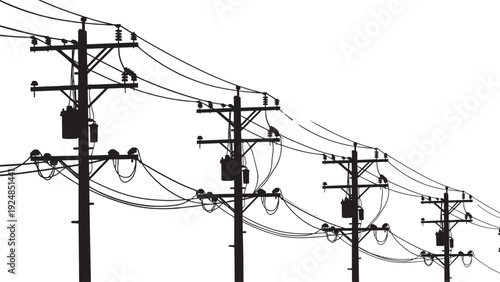Electric utility pole silhouette with power transmission lines and transformers, industrial electricity infrastructure vector illustration