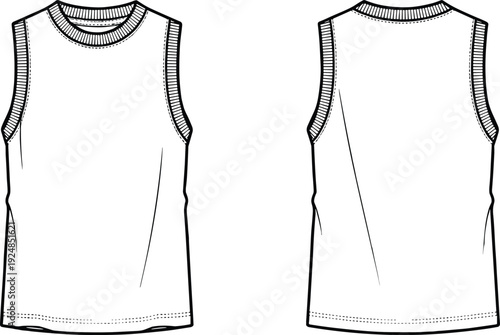 Sleeveless knit tank top CAD drawing, flat vector technical illustration with front and back views isolated on white background