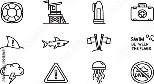 Icons representing various beach safety warnings and activities Vector