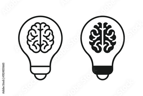 Brain inside lightbulb icon set. Glowing bulb brain creativity symbol icon. A bulb with a brain inside represents innovative thinking. Get idea vector icon design
