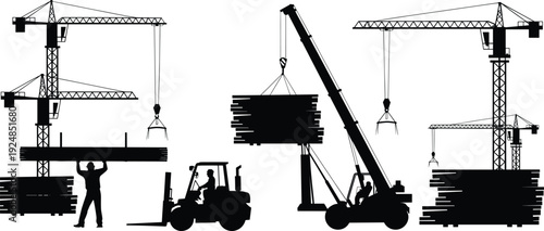 Construction Tower Cranes and Forklift Silhouettes with Workers Handling Timber Loads Isolated on White Background Industrial Vector Set