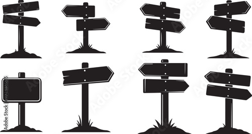 Collection of blank black directional signposts on white background