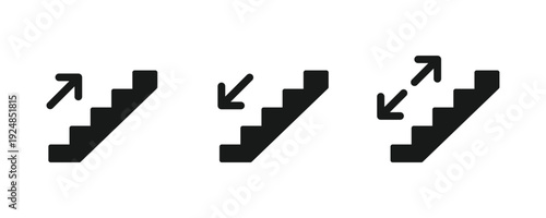 Stairs icon set. Stairs sign. Climb up and down stairs sign. Staircase icons with up and down directional arrows.