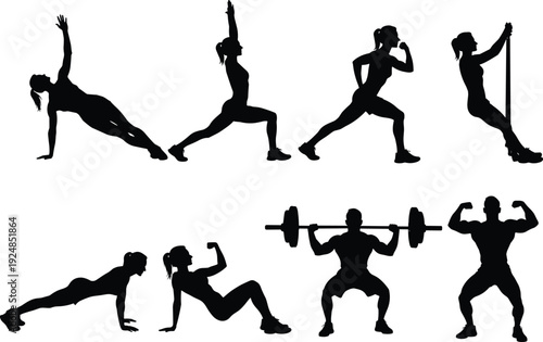 Women and men fitness workout silhouettes, strength training weightlifting and resistance exercises, healthy active lifestyle concept
