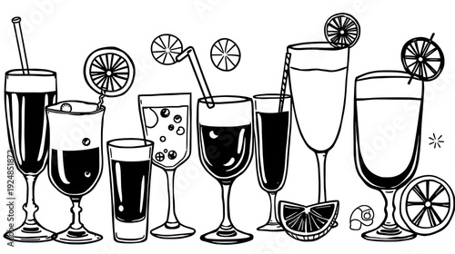 Vector hand drawn doodle set beverage glasses black illustration drink on white background