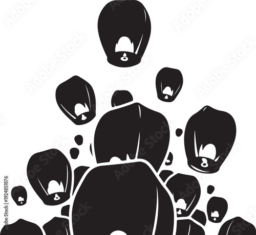 Illustration of a crowd with masked faces in black