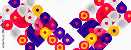 Abstract geometric pattern. Colorful squares, circles overlap creating dynamic visual texture. Modern design, vibrant hues dominate composition.