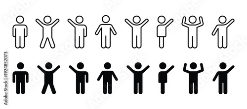Stick figure man icon. People waving their hands. Human silhouettes isolated, basic poses set. Vector illustration
