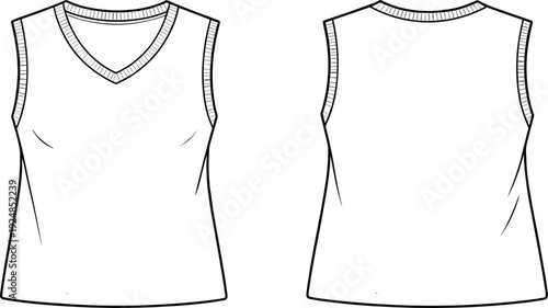 Women sleeveless V neck top CAD drawing, flat vector technical illustration with front and back views isolated on white background