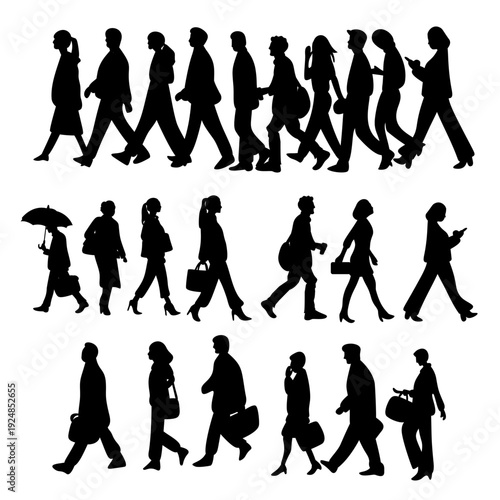 walking people go to work crowd urban people silhouette business icon set