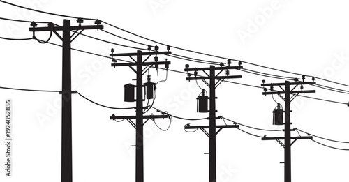 Electric utility poles silhouette perspective, overhead power lines and transformers isolated on white background