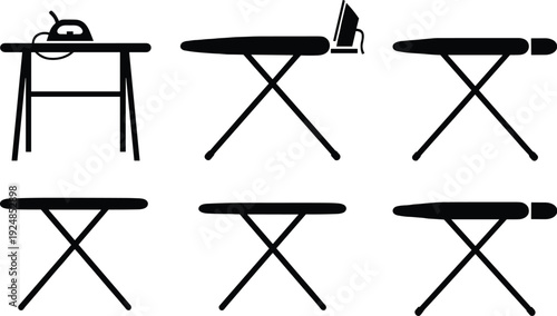 Ironing board and steam iron silhouettes collection isolated on white background household appliance vector illustration set