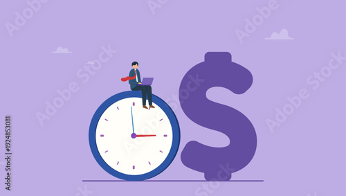 Businessman working on clock to make money with dollar sign shadow. Time to make money concept.