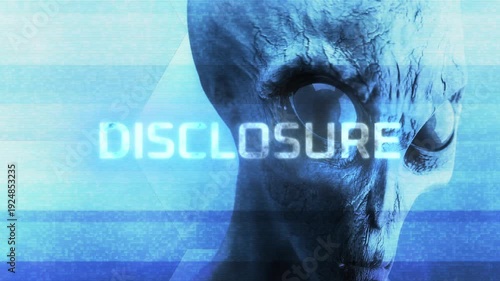 Disclosure Text Over Glitching footage of a Grey Alien Concept CGI Animation