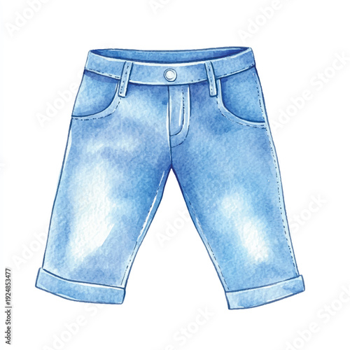 Watercolor Illustration of Light Blue Denim Shorts with Rolled Cuffs