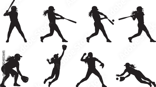Female softball player silhouette set, dynamic batting pitching catching fielding action poses isolated on white background