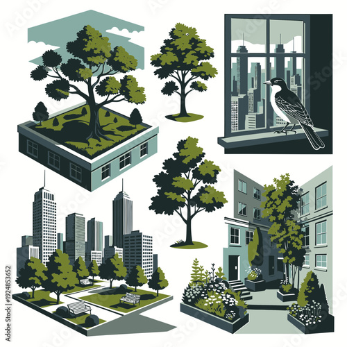 Urban Greenery Collage vector illustration