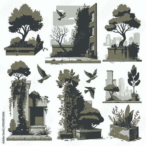 Abandoned Buildings and Nature vector illustration