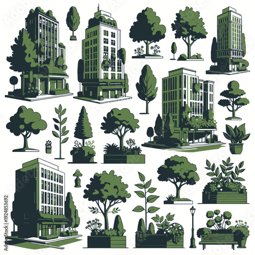 Urban Buildings and Greenery vector illustration