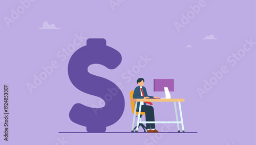 Businessman working with computer on the deck with dollar sign shadow. Work hard to make money vector concept.