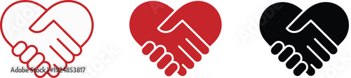 Handshake heart icon set featuring red and black outlines and solid designs for charity donation love partnership unity friendship and community support.