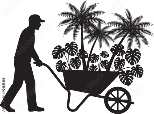 Gardener silhouette pushing wheelbarrow with tropical plants, landscaping worker vector illustration isolated on white background