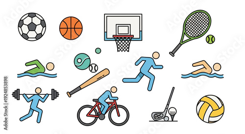 Collection of various sports equipment and activity icons in a flat line art style on a white background.