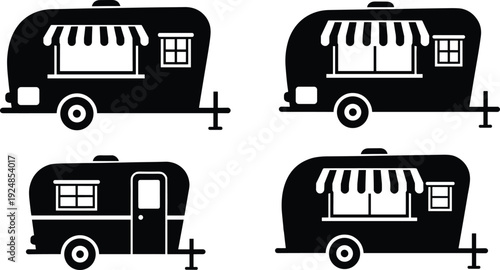 Vintage camper trailer and food truck caravan black silhouette set isolated on white background vector illustration collection