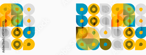 Geometric pattern repeats twice. Circles, squares, muted colors create midcentury modern aesthetic. Simple design, clean lines.