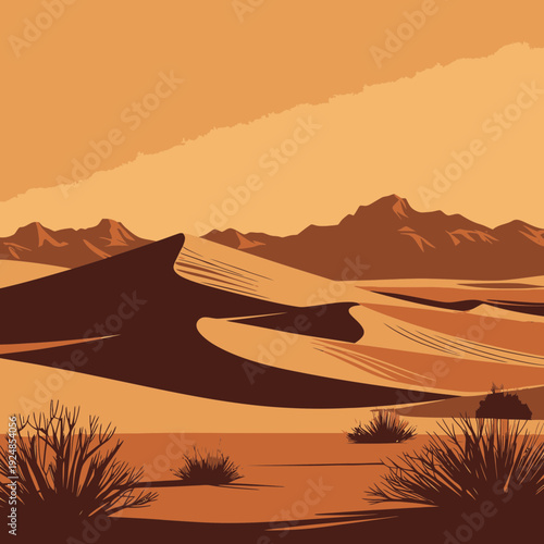 Desert Landscape with Dunes and Mountains vector illustration