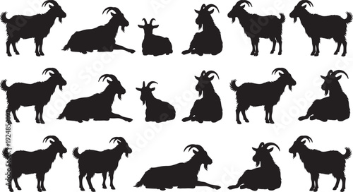 Goat silhouette set collection, standing and resting farm animal poses isolated on white background