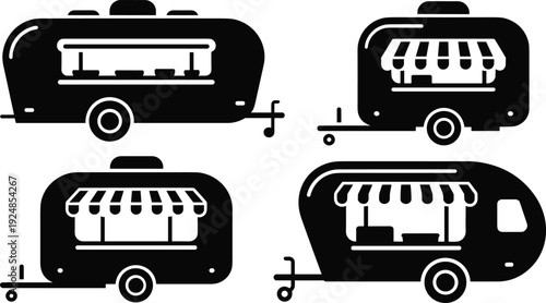 Vintage food truck and camper trailer silhouettes set with serving window isolated on white background vector illustration