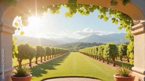 Vineyard Panorama – Scenic Arch View with Sunlit Grapevines for Travel and Wine Tourism Documentaries