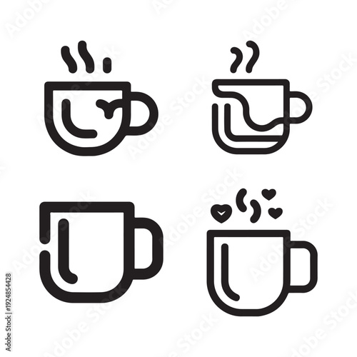 Set of Four Stylish Black Outline Hot Coffee and Tea Cup Icons with Love Hearts