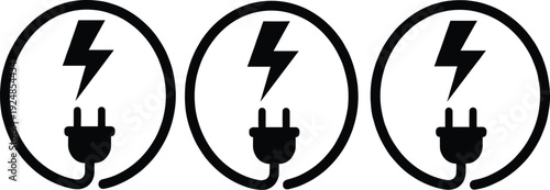 Electricity power icon set featuring electric plug and lightning bolt symbols in circular frames for energy charging battery technology and electrical service.