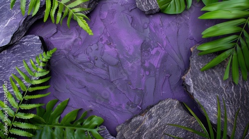 Vibrant Purple Background Surrounded by Green Leaves and Textured Stones for Creative Designs
