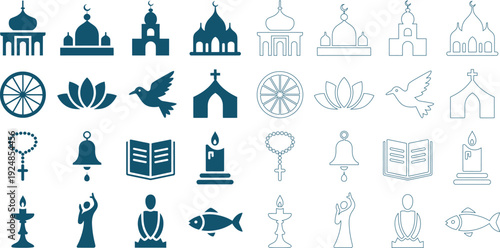 Religious symbols and representing various faiths in solid and outline