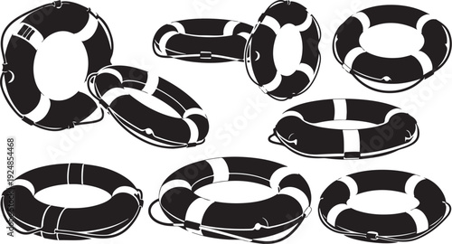 Black and white lifebuoys on a clean white background