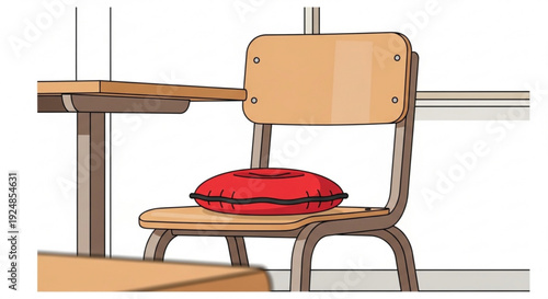 A wooden school chair with a red cushion sits at a desk in a classroom setting with a white background