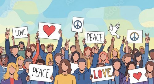 Diverse crowd of people holding peace and love signs with heart symbols under a blue sky with clouds