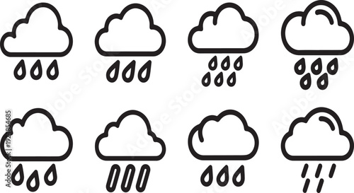 A collection of various weather conditions illustrated with simple cloud and rain icons Vector