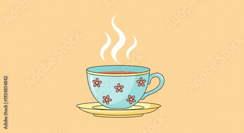 Steaming floral teacup on saucer warm beverage cozy morning drink tea time relaxing atmosphere hot cup colorful illustration
