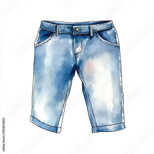 Watercolor Illustration of Stylish Light Wash Denim Shorts