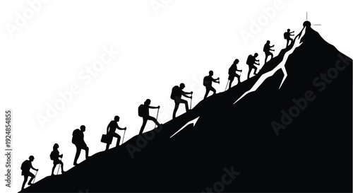 Silhouetted hikers ascend a steep mountain trail towards a summit flag, symbolizing perseverance and shared achievement.