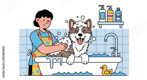 Woman bathing a happy brown and white dog in a bathtub with soap bubbles and a rubber duck