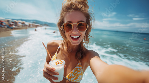 A girl takes a selfie on the beach with a cocktail in hand. A vivid summer dream about relaxation, vacation, and holidays.