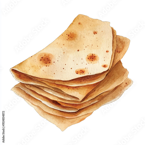 Watercolor Illustration of Stacked GoldenBrown Flatbread with Textured Surface