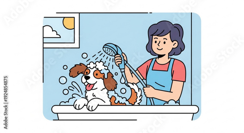 Woman bathing a brown and white dog in a bathtub with shower head happy pet grooming scene