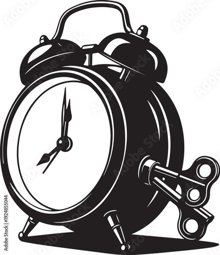Black and white illustration of an alarm clock repair